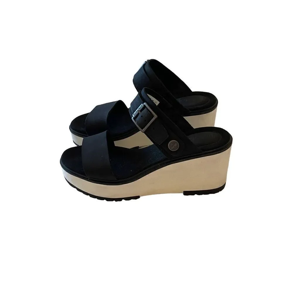 Timberland Womens Black White Slide Wedge Heel Sandal Size 8.5